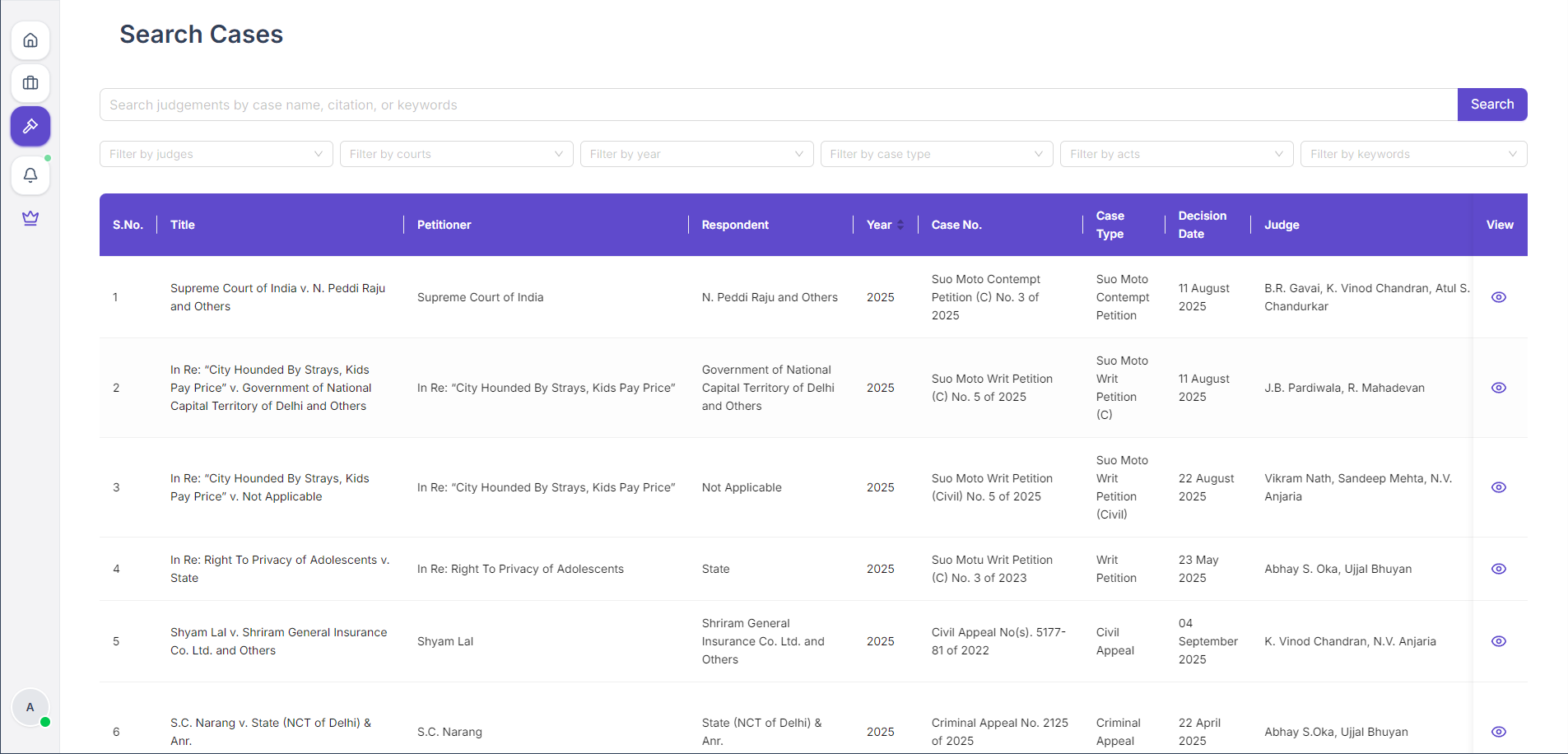 Judgment Search interface preview